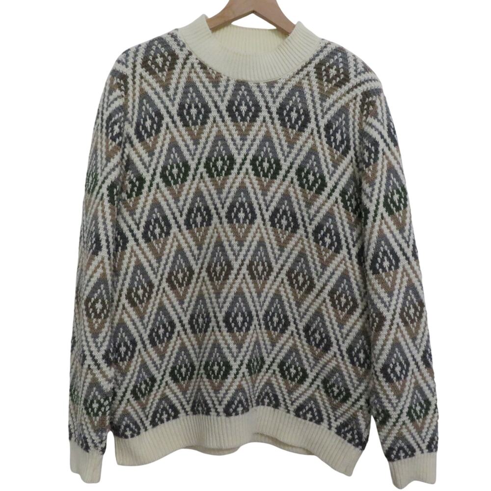 Alfred Dunner Womens Sz L Cream Green Tan Diamond Knit Sweater Made in the USA